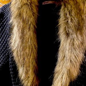 Ladies grey  coat sweater , fur trimmed size Large.